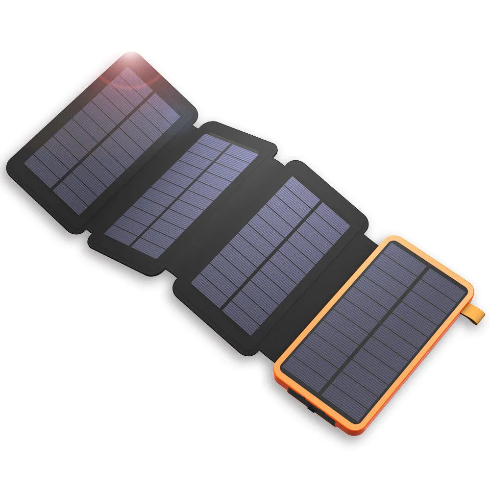 Outdoor rainproof solar phone charger with LED light and leather case in black, blue, green and orange colours