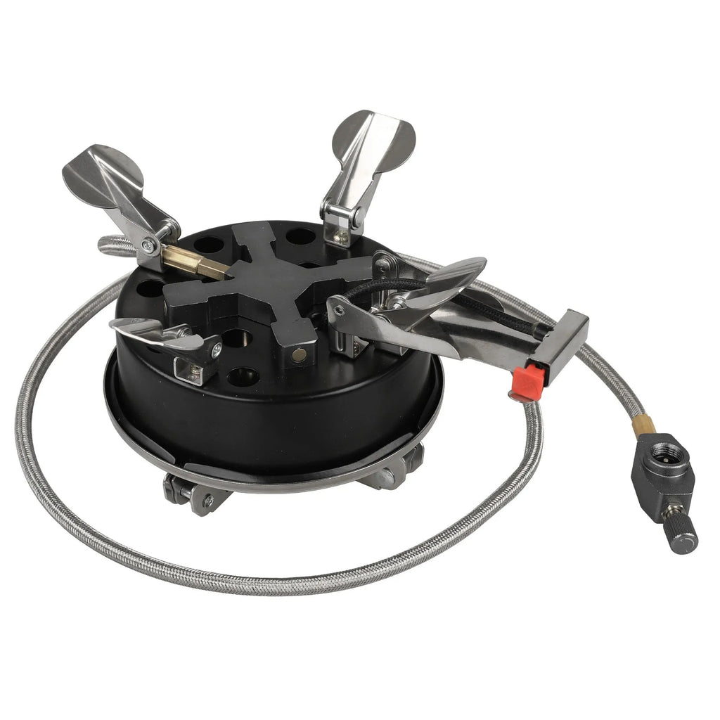 Silver portable split camping stove made of stainless steel and copper, shown in folded position.