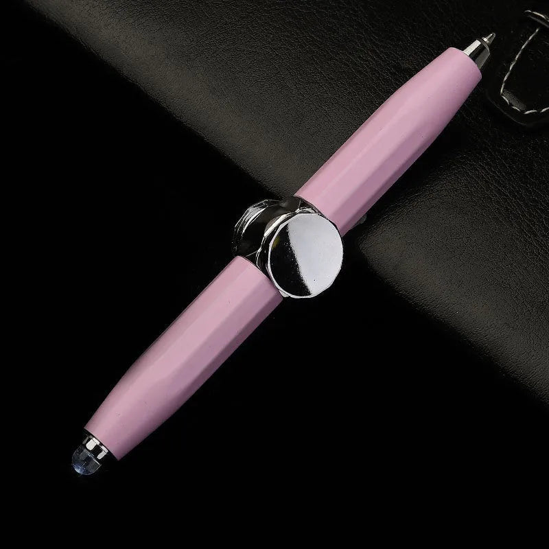 Metal ballpoint pen with LED spinning gyro function showing 10.5cm length and multiple colour refills