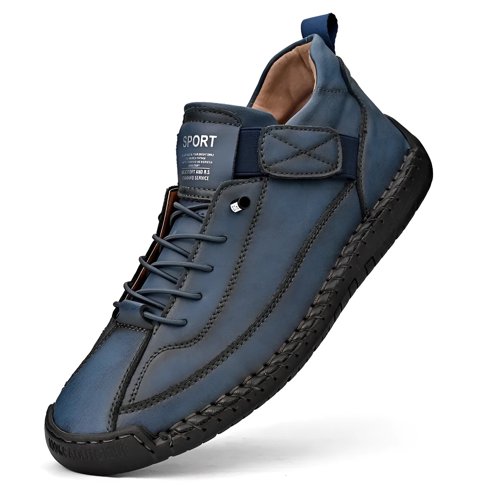 Men's mid-top Martin boot in a solid colour with elastic band, round toe, and tooling stitching on the rubber sole.