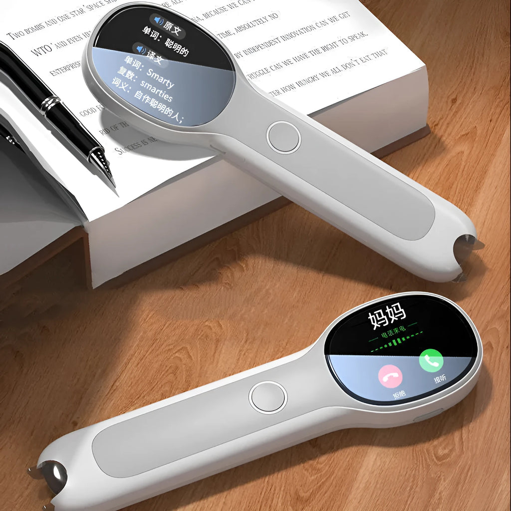 White universal reading pen with translation for English language learning beside compatible books