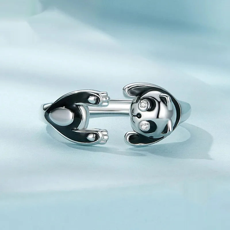 Sterling silver panda ring bracelet with white gold plating and adjustable opening