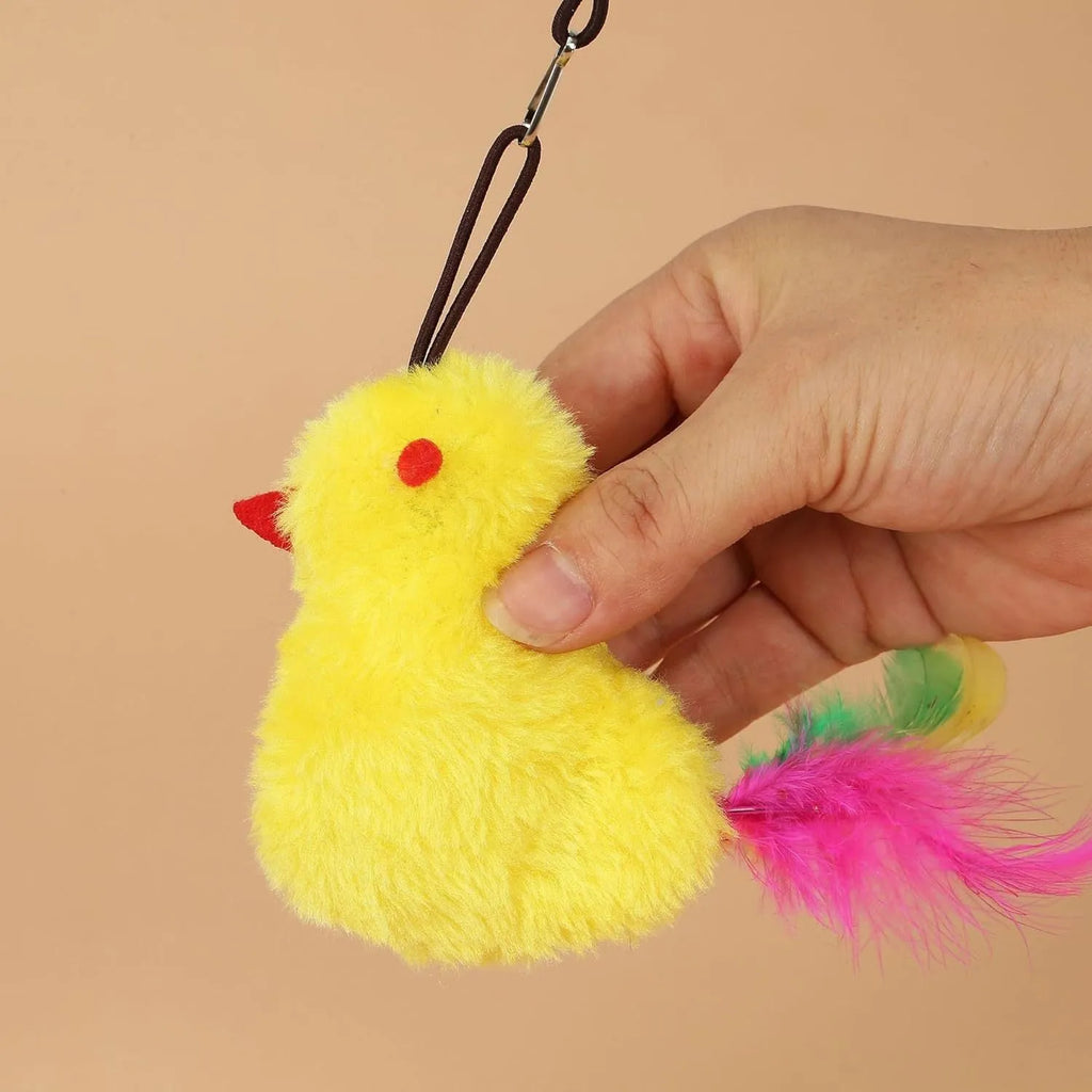 Creative interactive cat toy hanging on door frame with gray and yellow colour options, elastic rope, and treat dispensing bulb