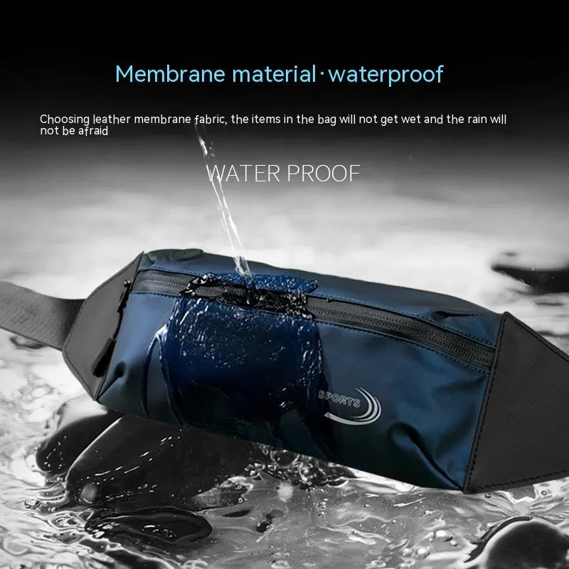 Men's blue waterproof sports waist bag made from Derm Oxford polyester, shown with adjustable strap.