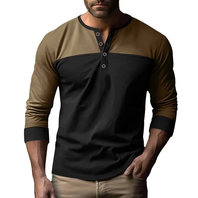 Retro long-sleeve Henry collar casual shirt with colour-matching collar and beaded twill fabric, solid colour, pullover style