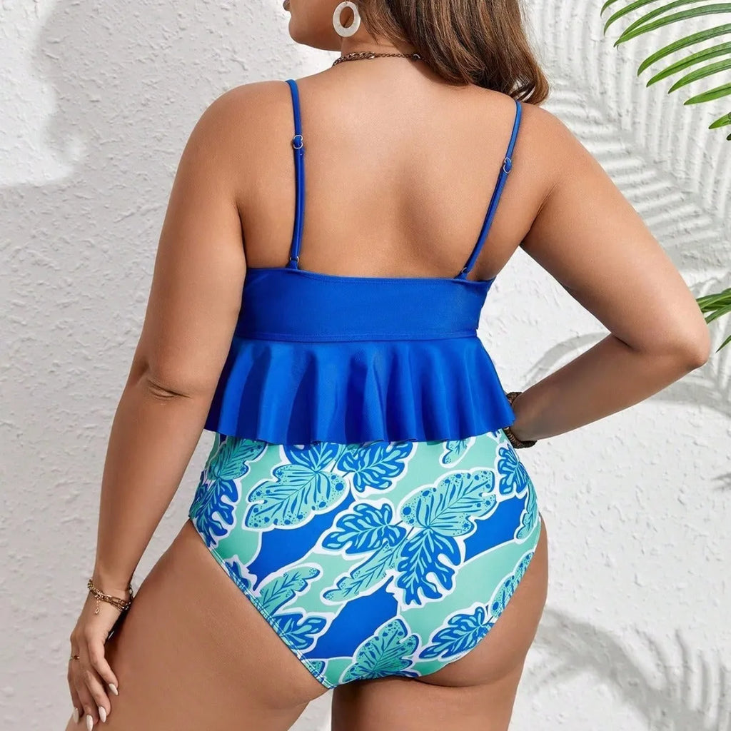 Blue polyester fibre bikini suit with brief-style shorts, sizes 0XL-4XL.