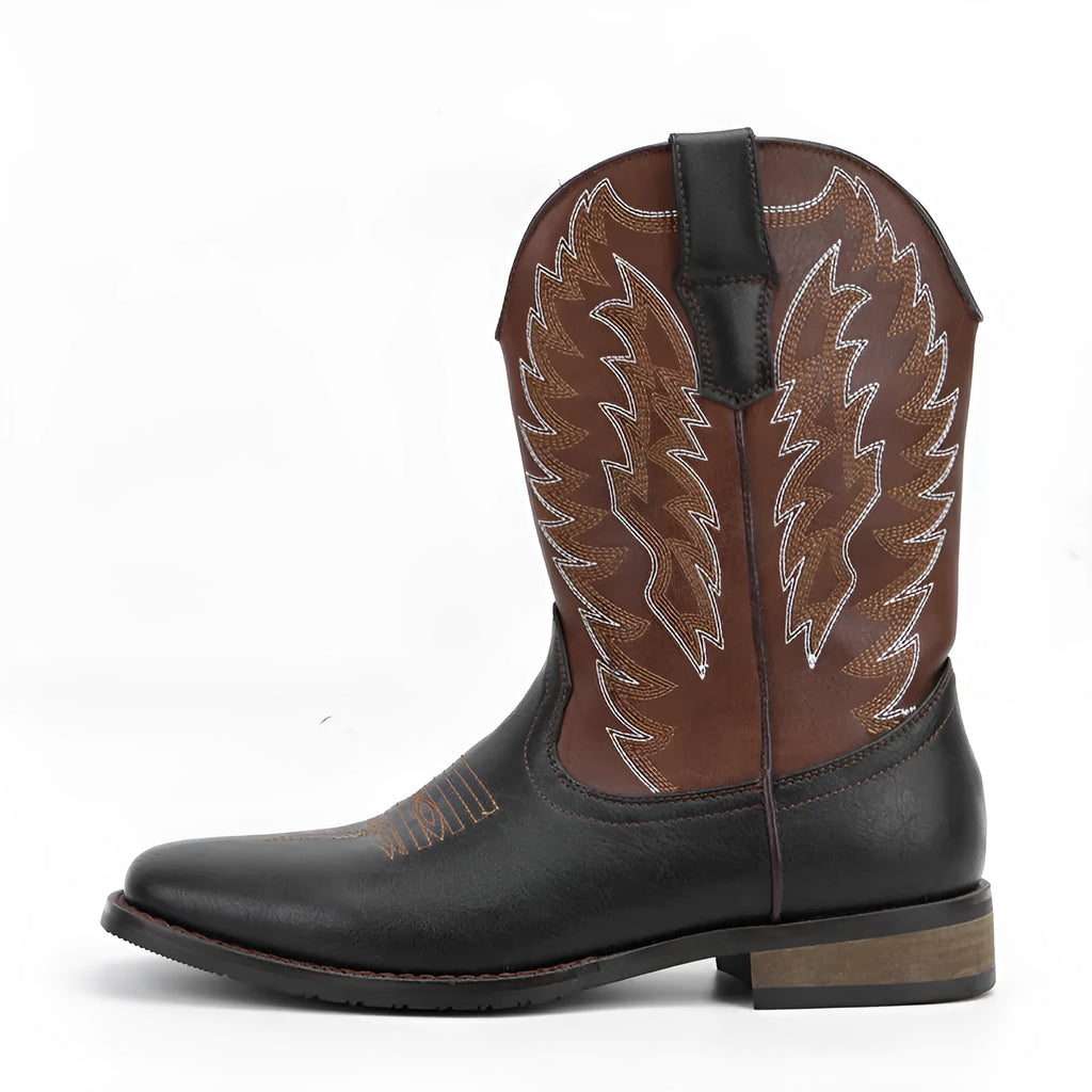 Men's Western denim square toe motorcycle boots with embroidery, black artificial leather upper, rubber sole, low heel