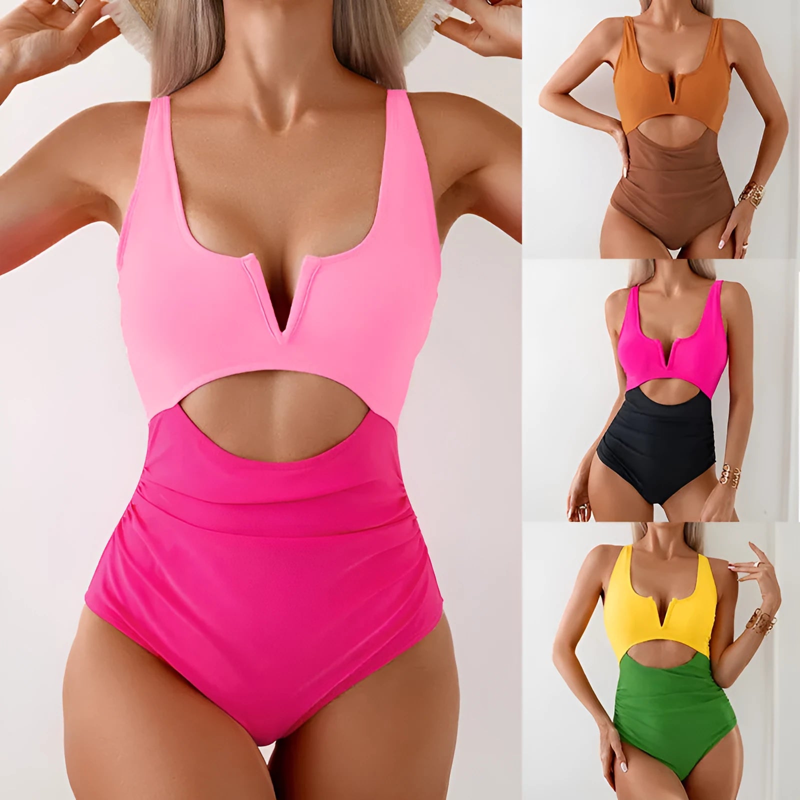 Women's one-piece contrast color swimsuit in nylon, shown in green, available in S M L XL