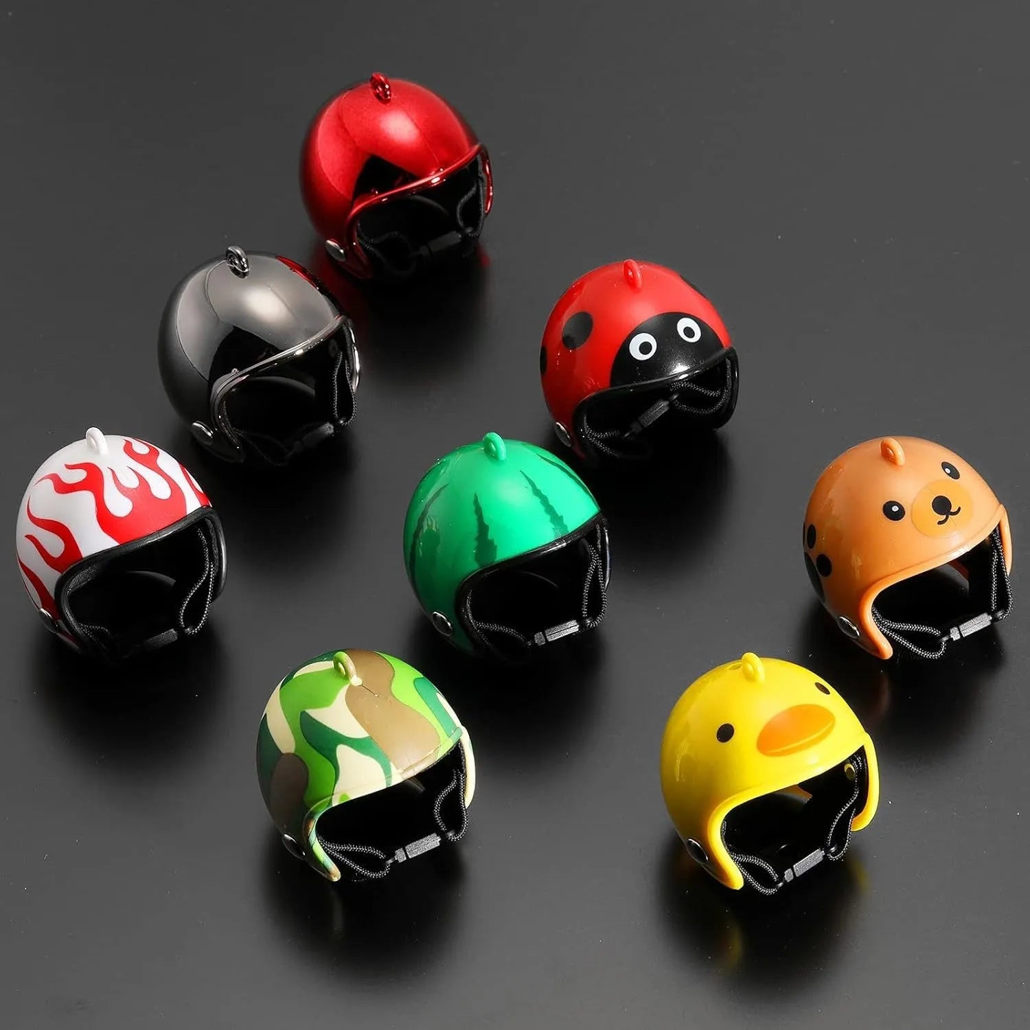 Adjustable hard plastic chicken helmet with sponge lining, elastic bands, and colourful options for small birds and poultry.