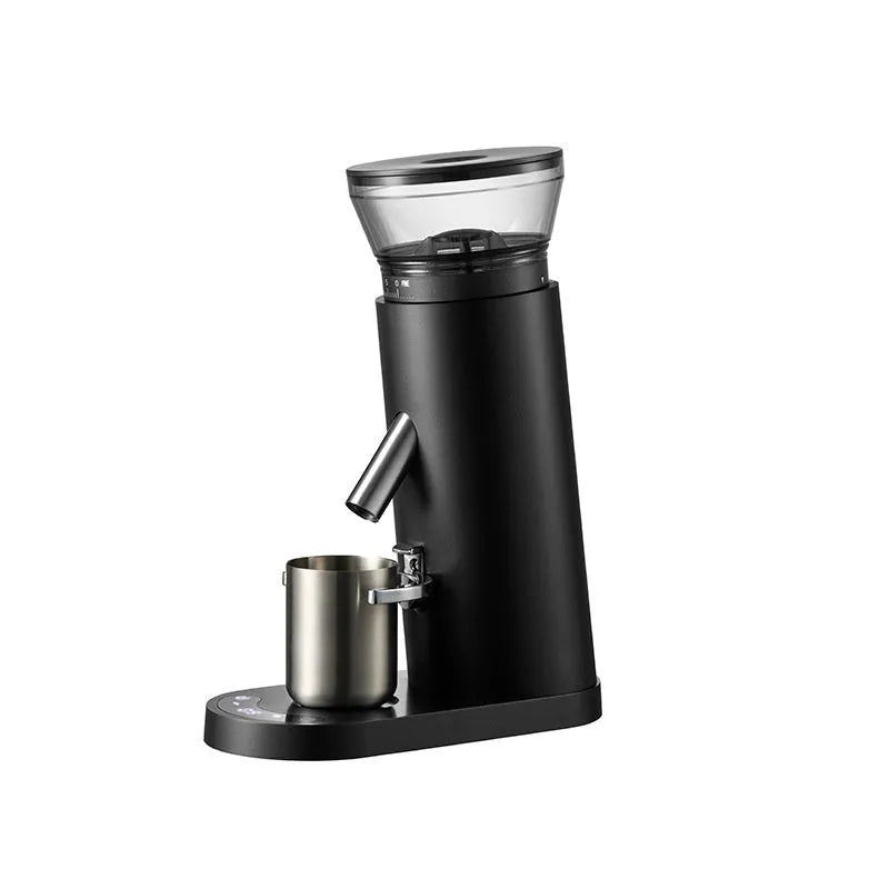 Automatic stainless steel coffee grinder machine in beige colour on a countertop.