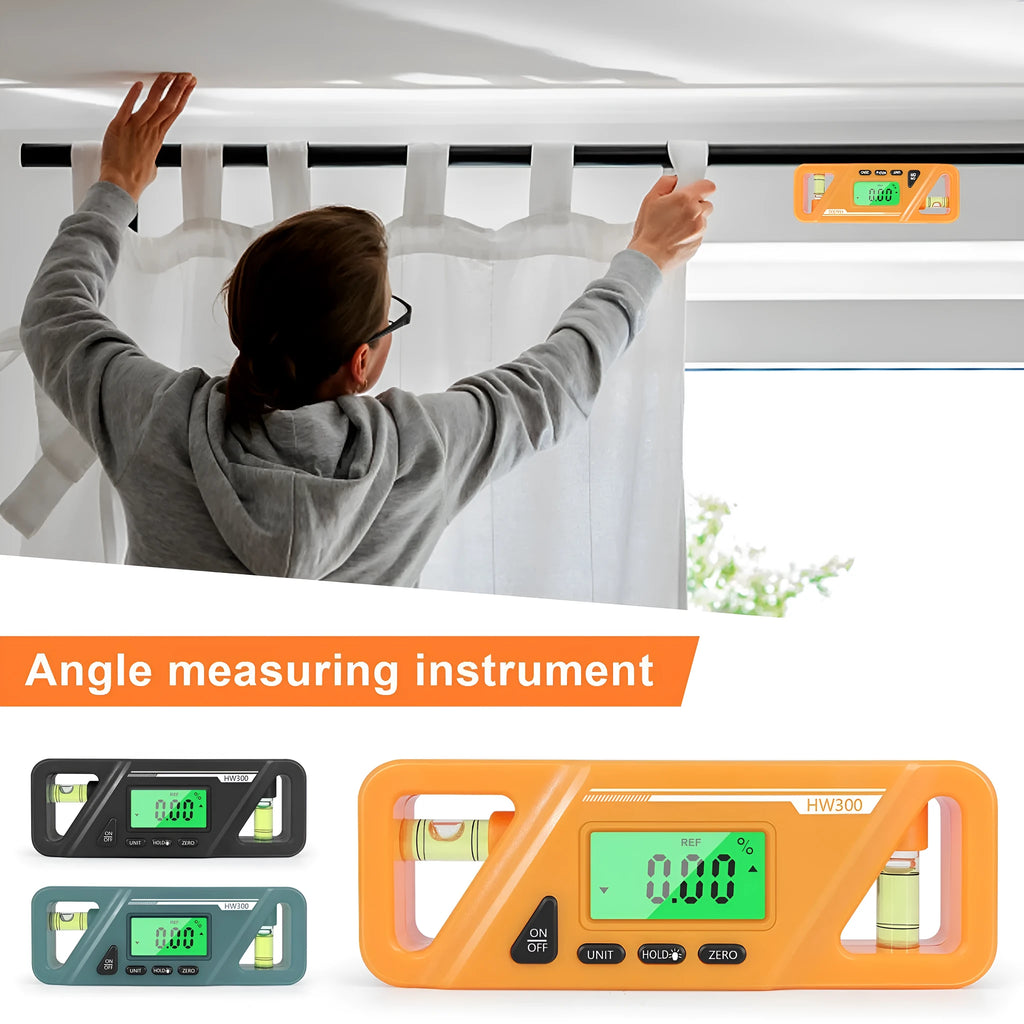 Black digital angle gauge inclinometer with magnetic base and LCD display showing an angle reading.