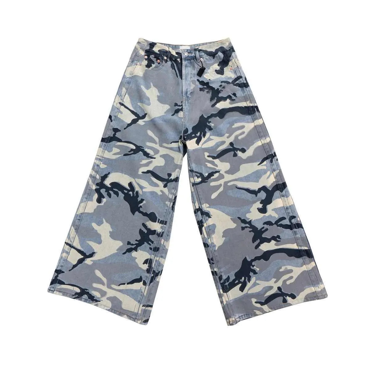 Snow camouflage blue loose-fit denim jeans with a mid-waist, shown on a hanger.