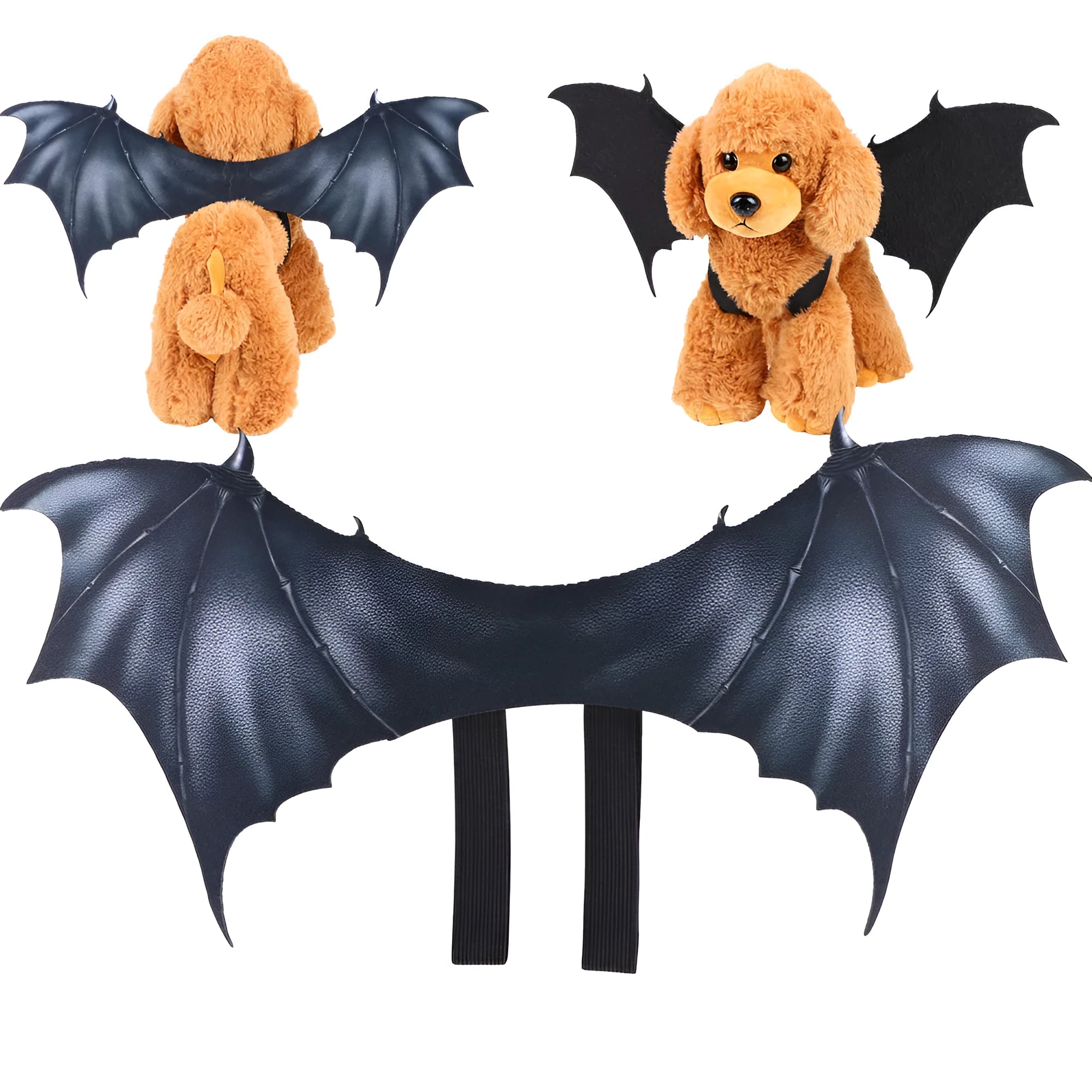 Black cloth bat wings Halloween costume for cats and dogs showing three size options