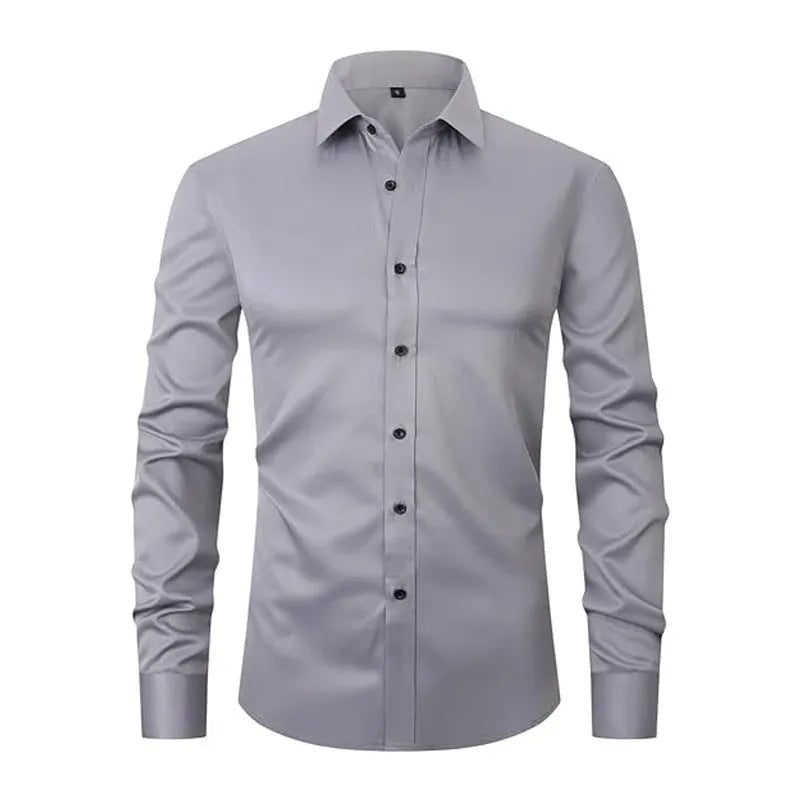 Men's grey stretch long sleeve polyester work shirt on a hanger