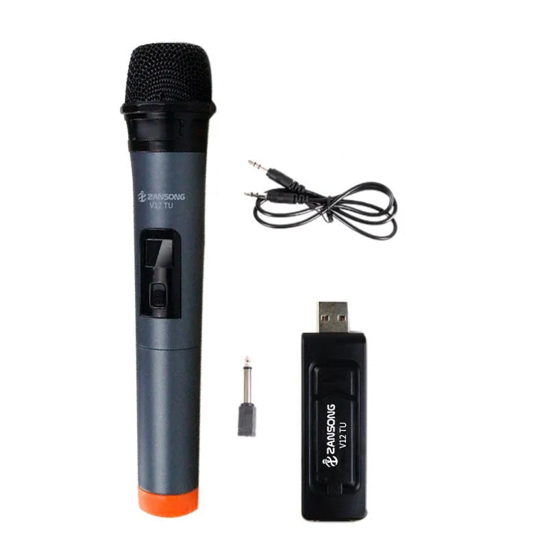 Black ZANSONG V12 dynamic wireless handheld microphone with USB receiver and audio cable.