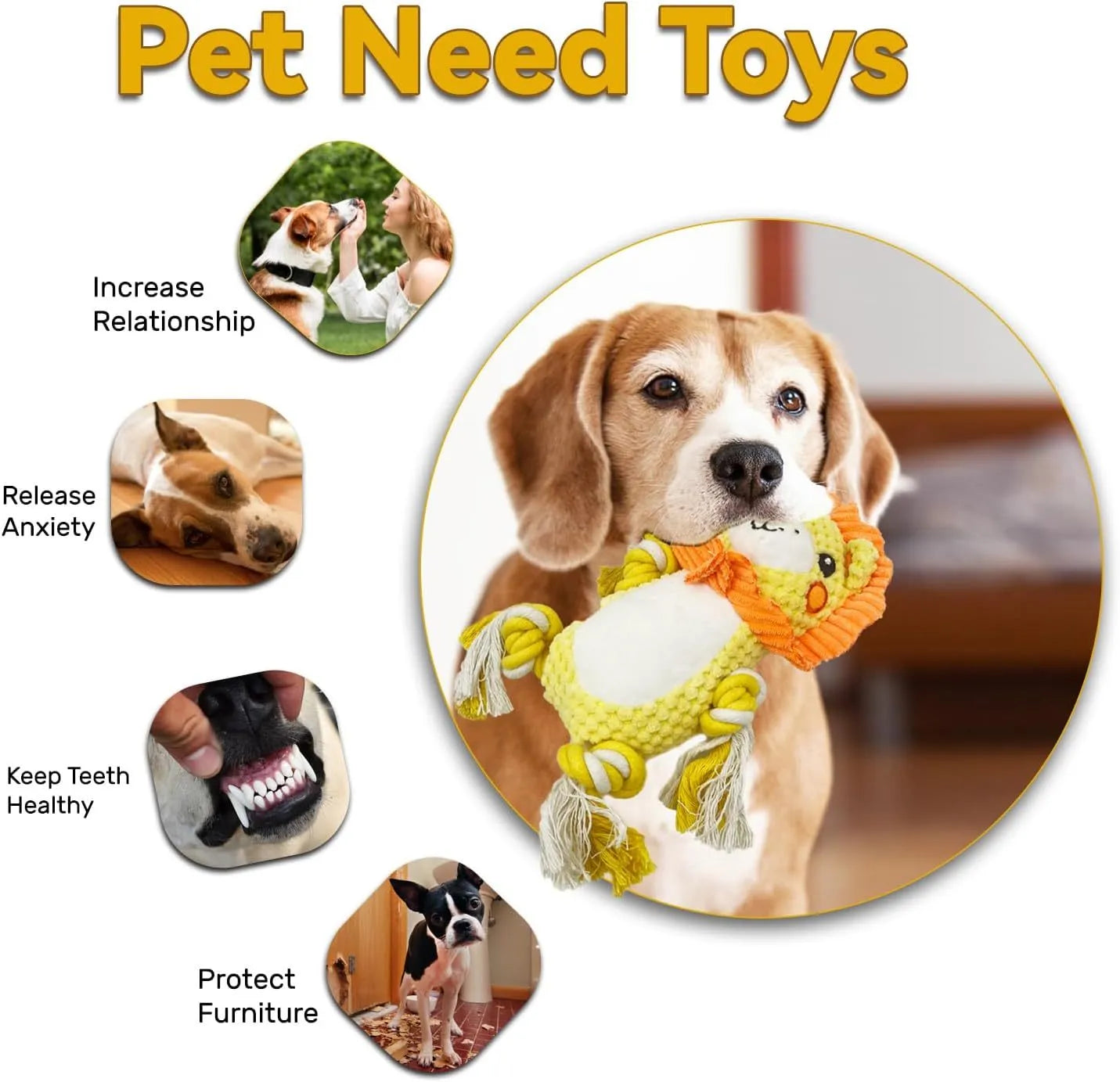 Lion and monkey plush squeaky dog toys showing size comparison with squeakers inside