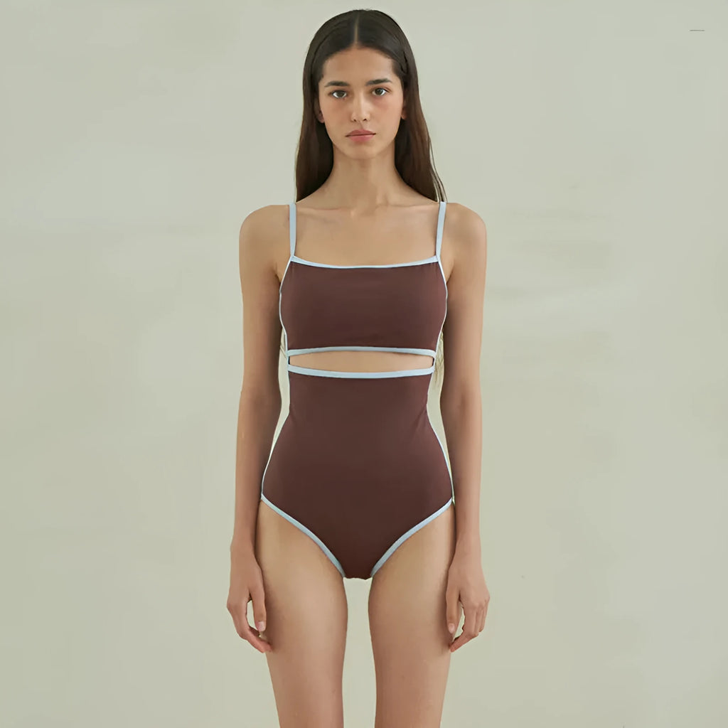 Brown women's one-piece triangle swimsuit made from nylon fabric