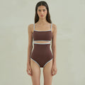 Brown women's one-piece triangle swimsuit made from nylon fabric