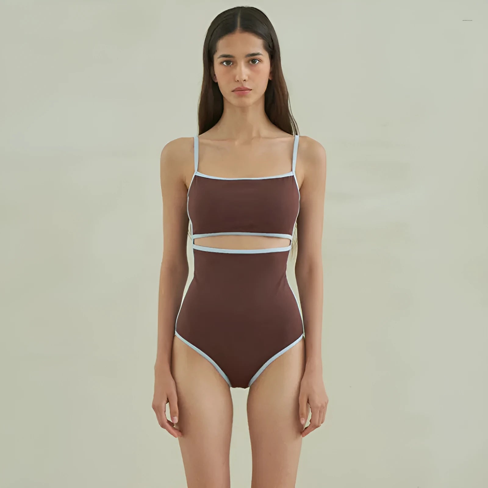 Brown women's one-piece triangle swimsuit made from nylon fabric