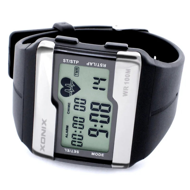 Men's waterproof digital sports watch with square dial, luminous display, heart rate monitor, black resin strap, and rubber case on wrist