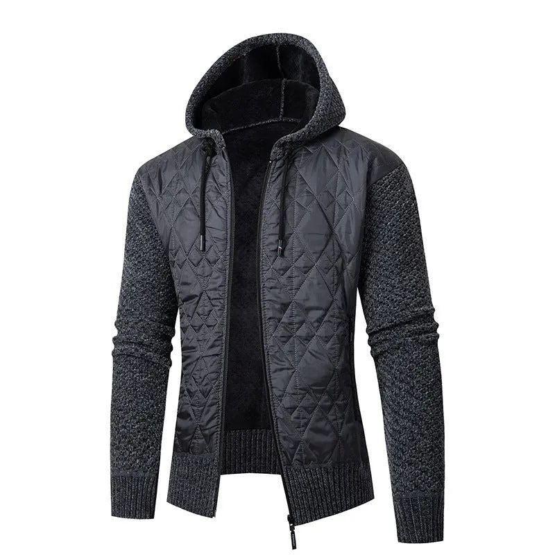 Man wearing a gray hooded wool corduroy cardigan coat with a cinched waist