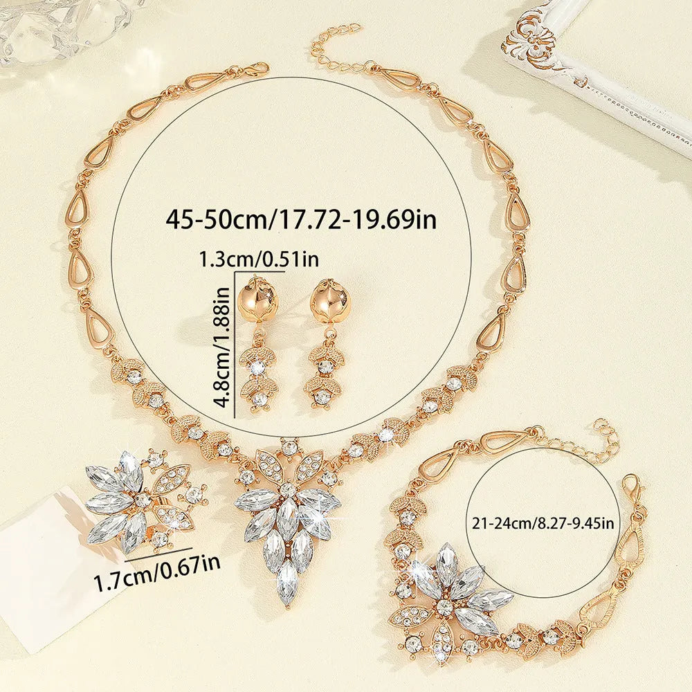 White electroplated alloy women's jewellery set earrings necklace ring bracelet with plant flower pattern