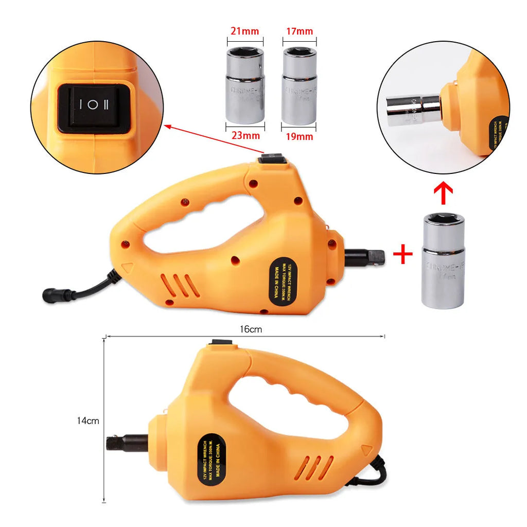Yellow electric car jack set with electric wrench for vehicle maintenance and tyre changes