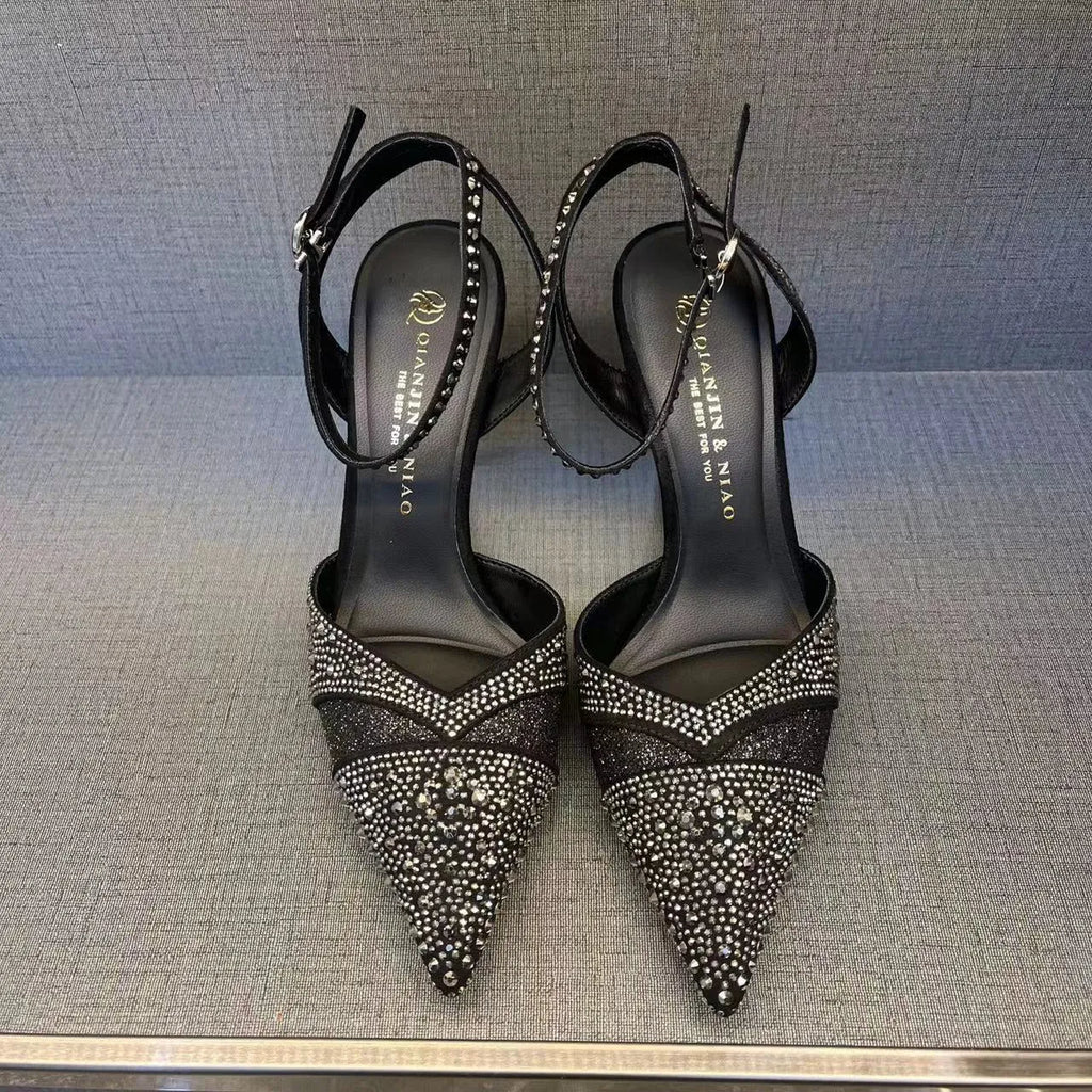 Women's hollow high heels with red sole, pointed toe stiletto design in black and silver colour options