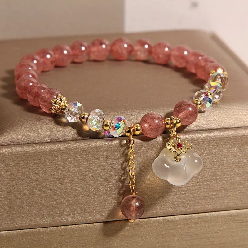Women's natural strawberry quartz white agate crystal bracelet with auspicious cloud carvings on stretch cord