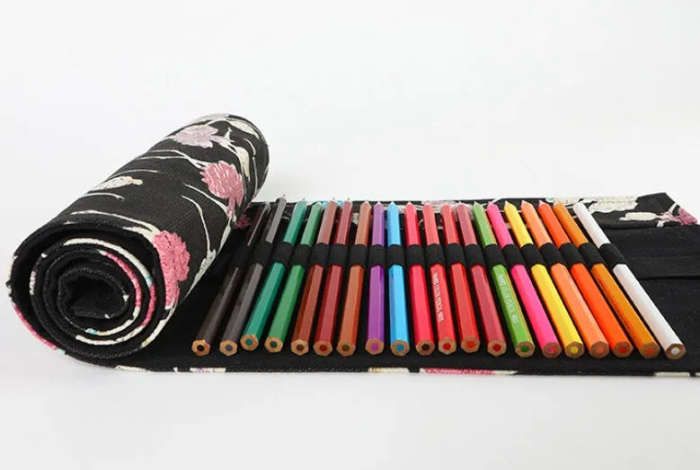 Canvas rolling pencil case with ballet girl print showing multiple pencil capacity options