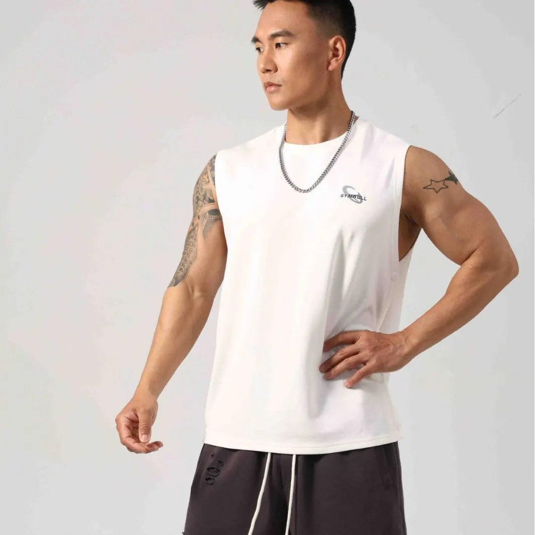 Men's black Korean style loose cotton fitness vest showing hidden hook side detail