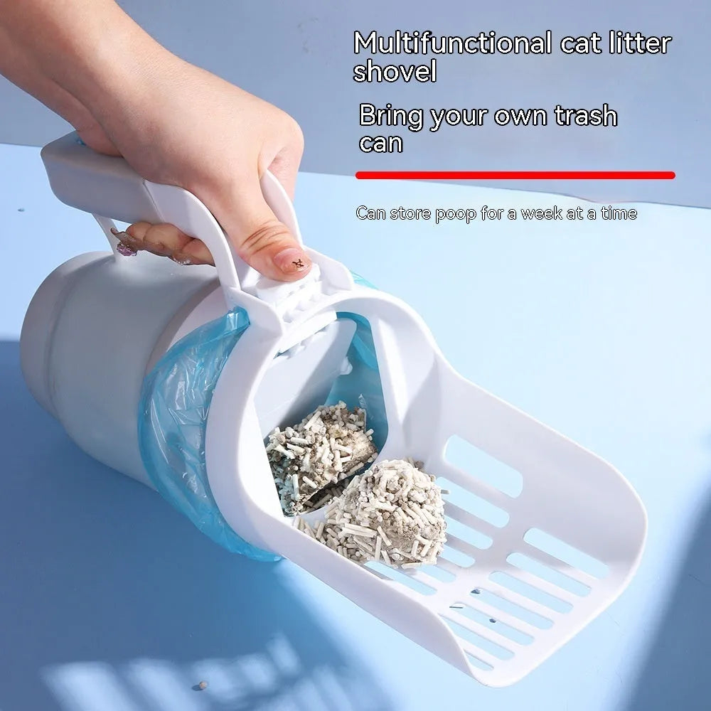 Grey cat litter scoop with sheltered waste lid and foldable bottom next to refill bags