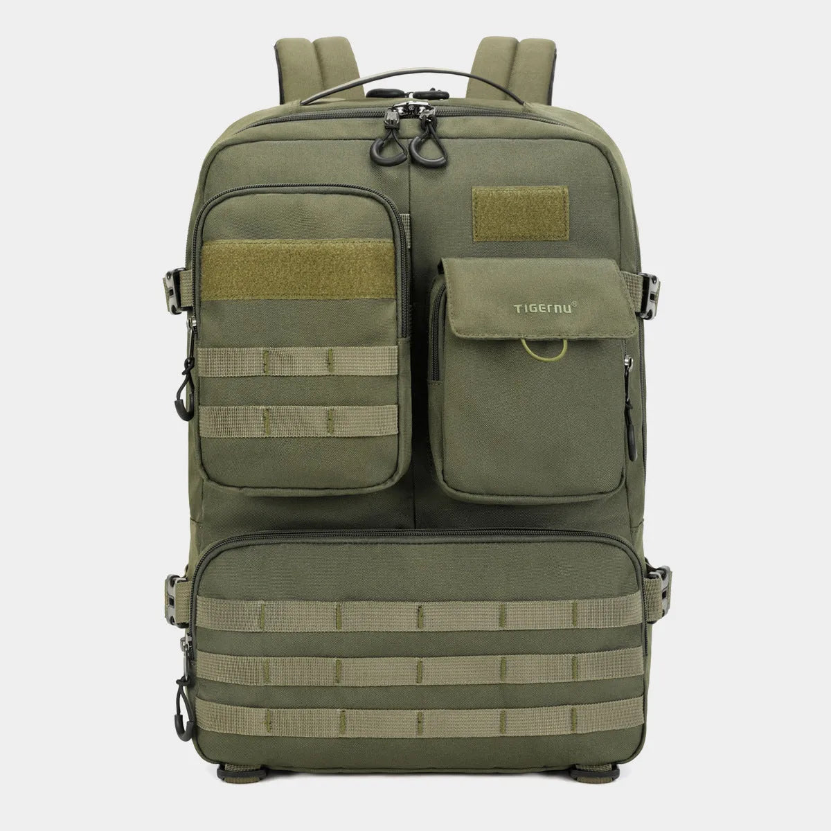 Army green tactical backpack with waterproof nylon construction and 17-inch size