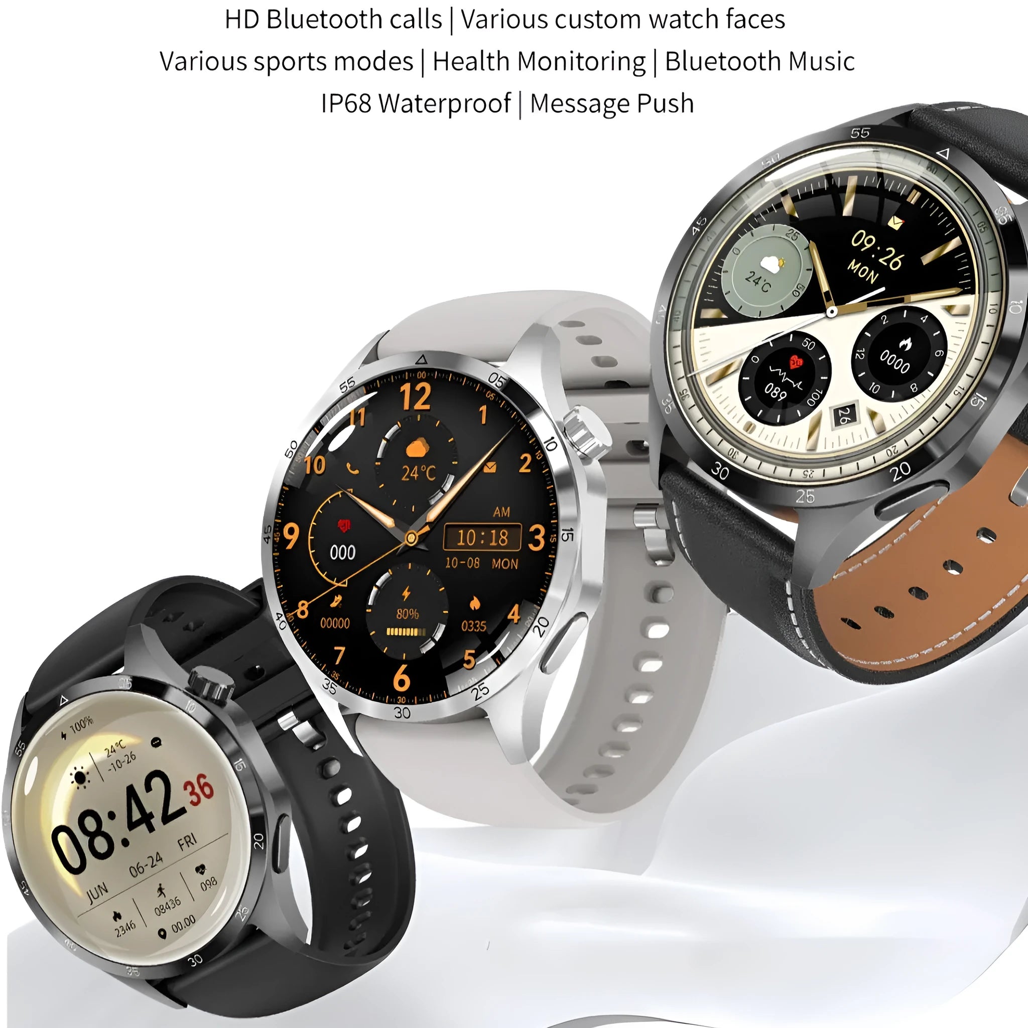 Black smartwatch with Bluetooth calling on a silicone strap, displaying health metrics on its screen.