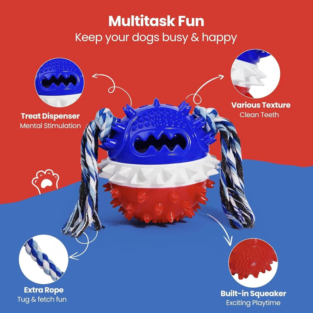 Blue TPR rubber dog chew ball with treat dispenser hole and squeaker, 4.25 inches in diameter.