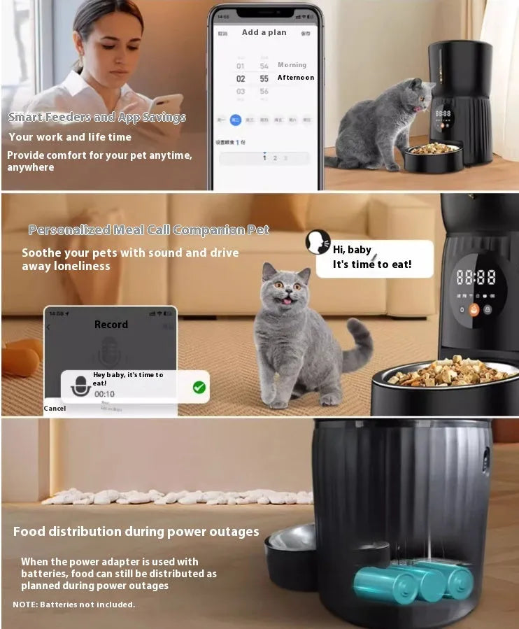 Black and white intelligent pet feeder with smartphone app remote control for automatic feeding