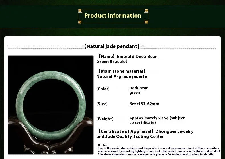 Natural emerald deep pea green jade bracelet simple style on white background with certificate and gift box