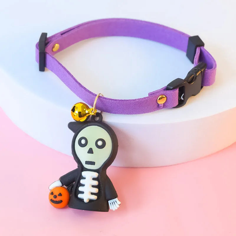 Halloween pet collar decoration showing pumpkin man, luminous brat, and luminous skull designs with sizing options