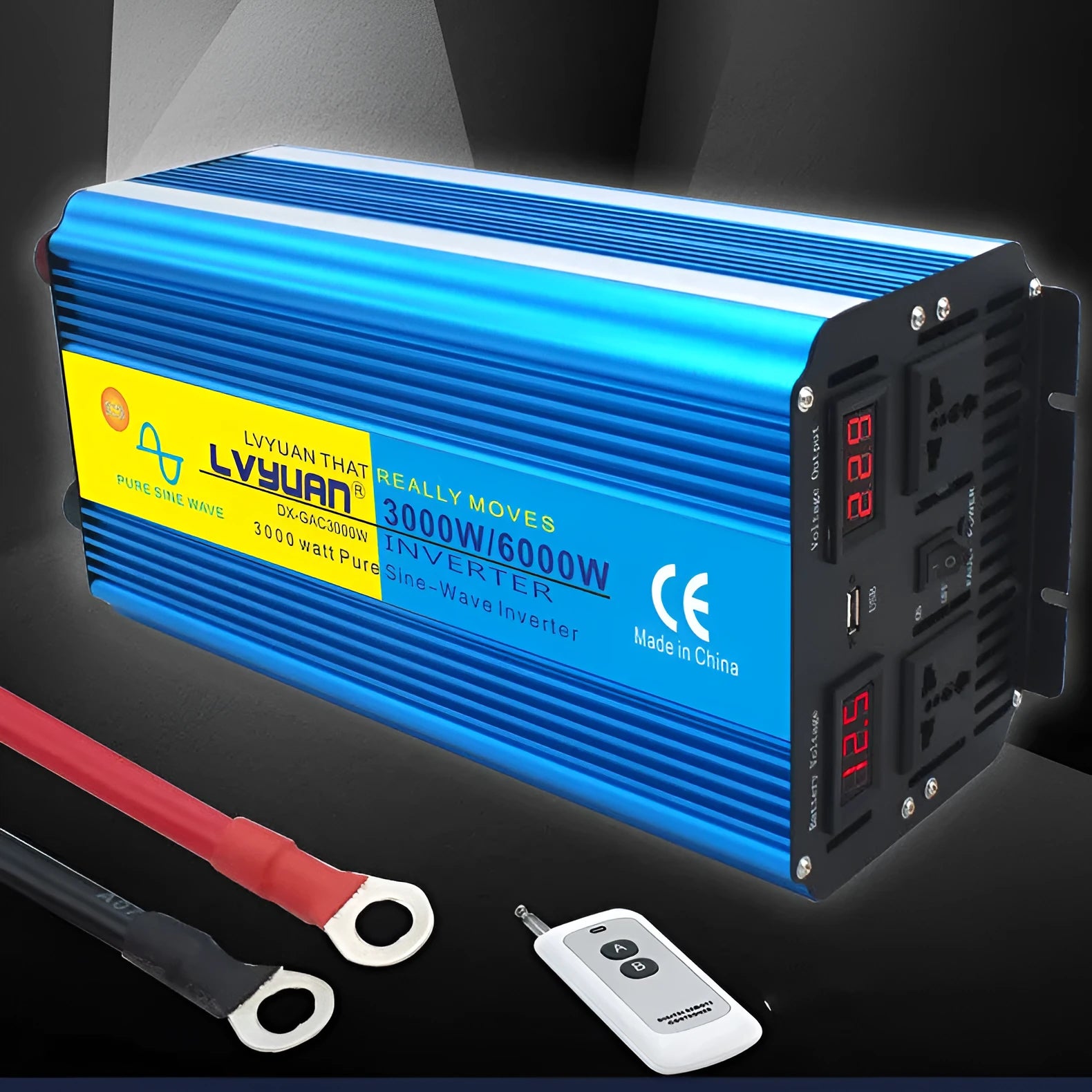 3000W 6000W pure sine wave inverter with dual digital display in blue casing, remote control, and British socket