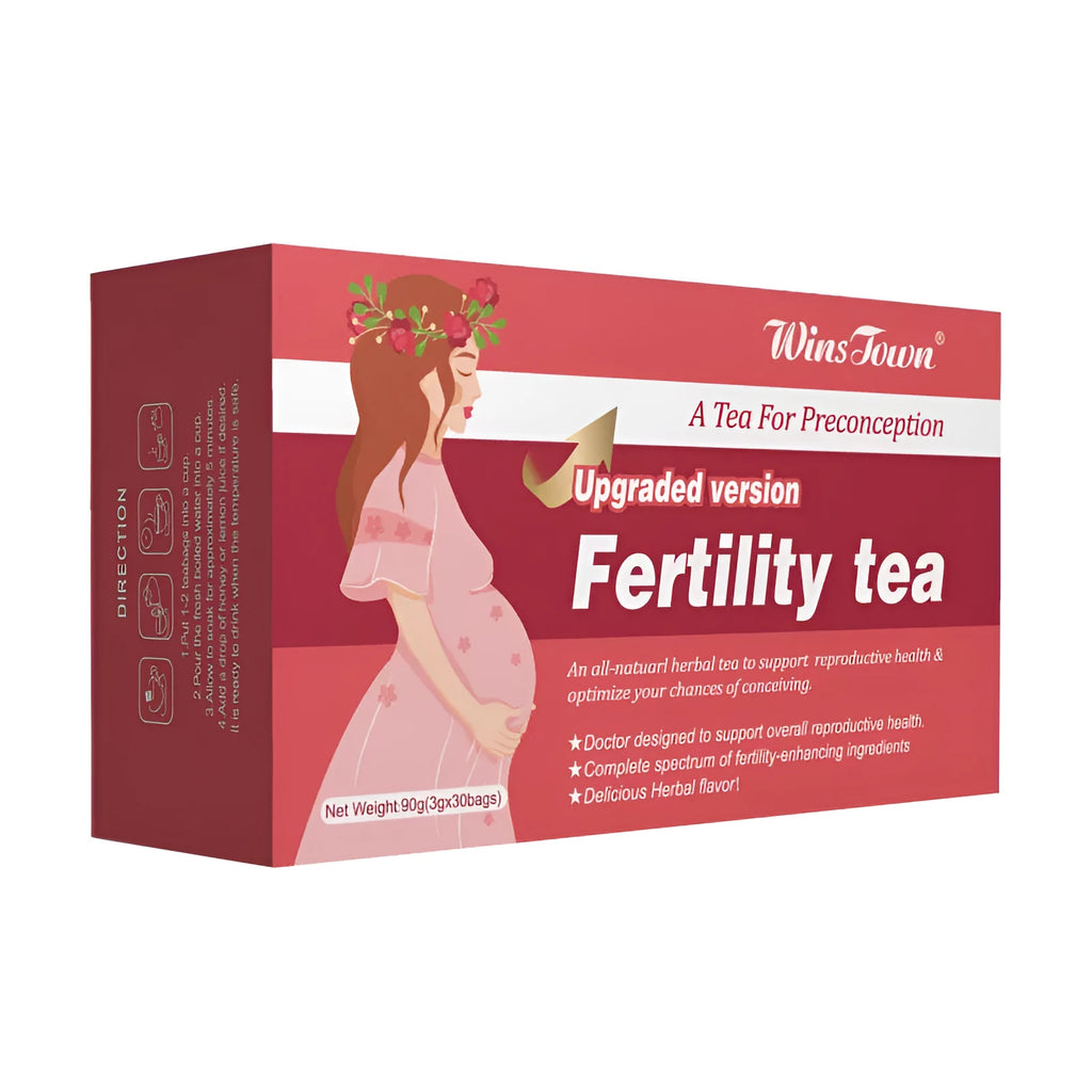 Box of fertility tea with 90 herbal tea bags in three 30-bag pouches