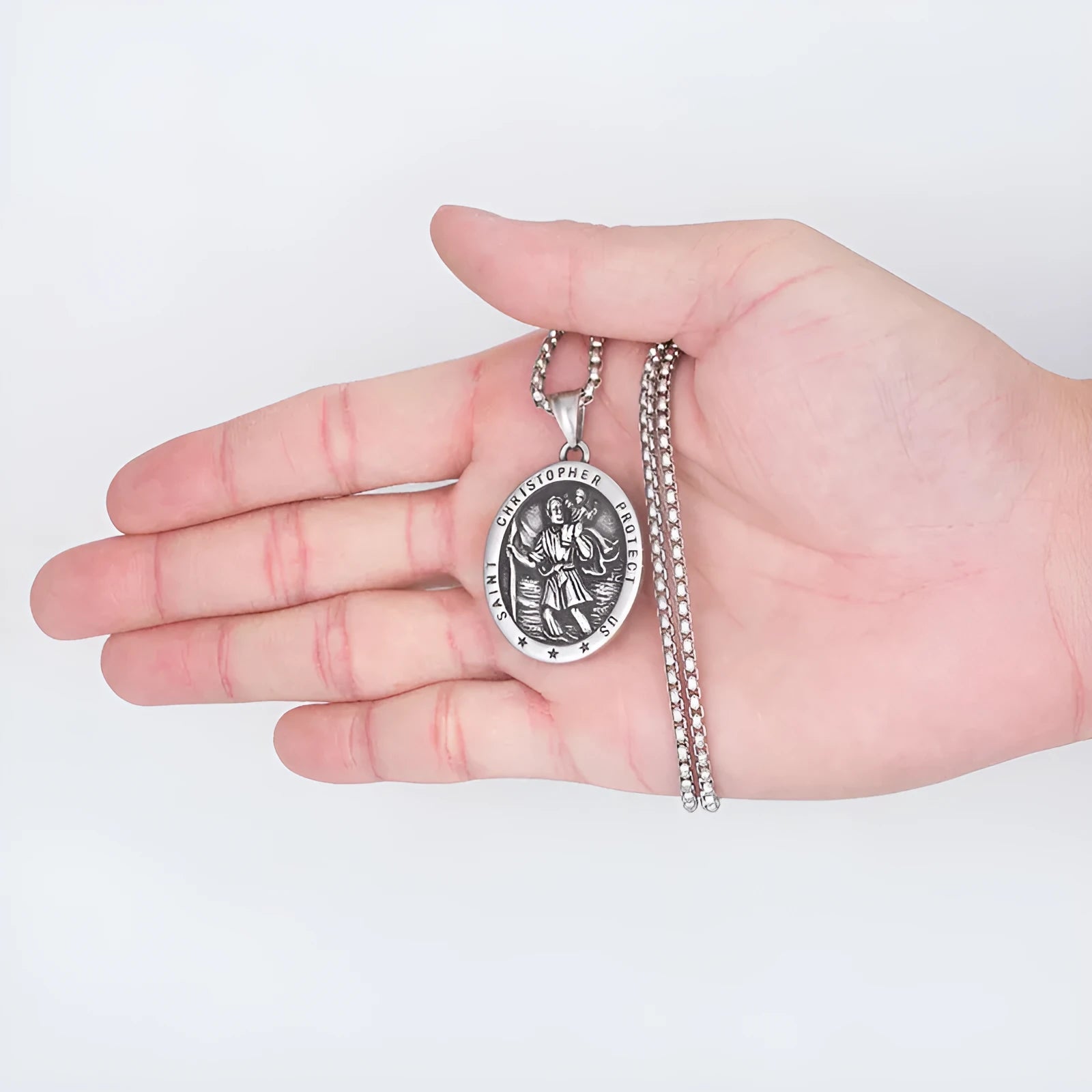 St Christopher titanium steel pendant necklace with 60cm chain, steel colour, geometric Angel motif