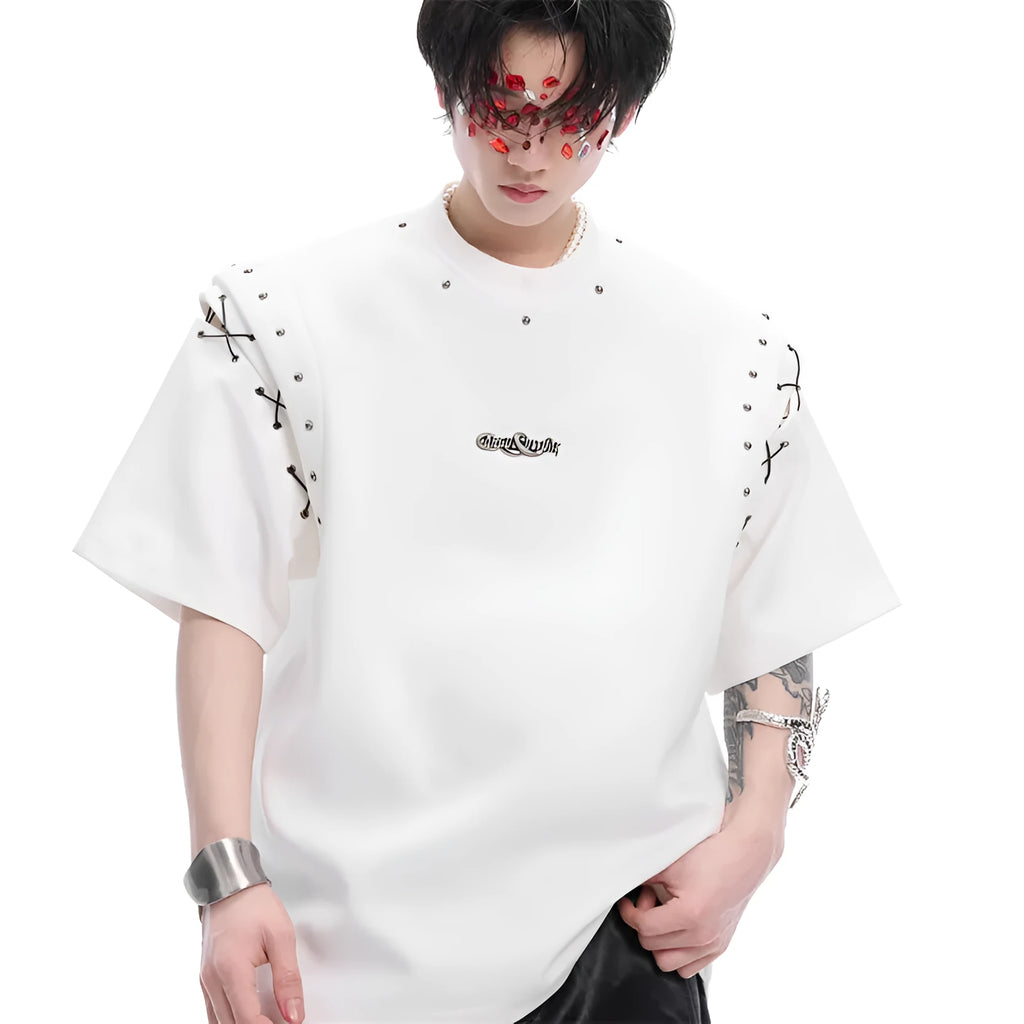 Niche deconstruction lace-up cutout short sleeve T-shirt in black or white cotton-polyester blend