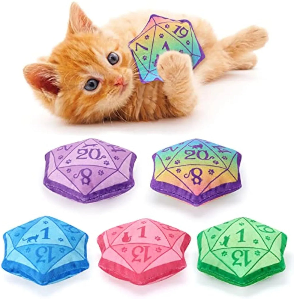 Blue dice catnip toy made of soft plush flannelette with organic catnip, designed for DND-themed interactive cat play