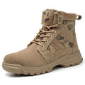 Khaki suede combat boots with steel toe cap and front lace-up closure on outdoor ground