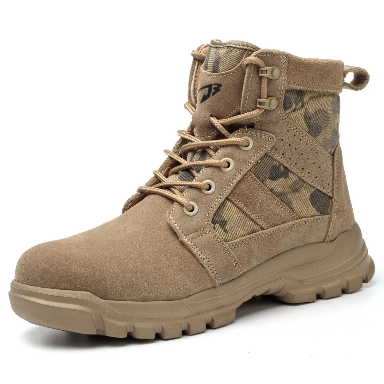 Khaki suede combat boots with steel toe cap and front lace-up closure on outdoor ground