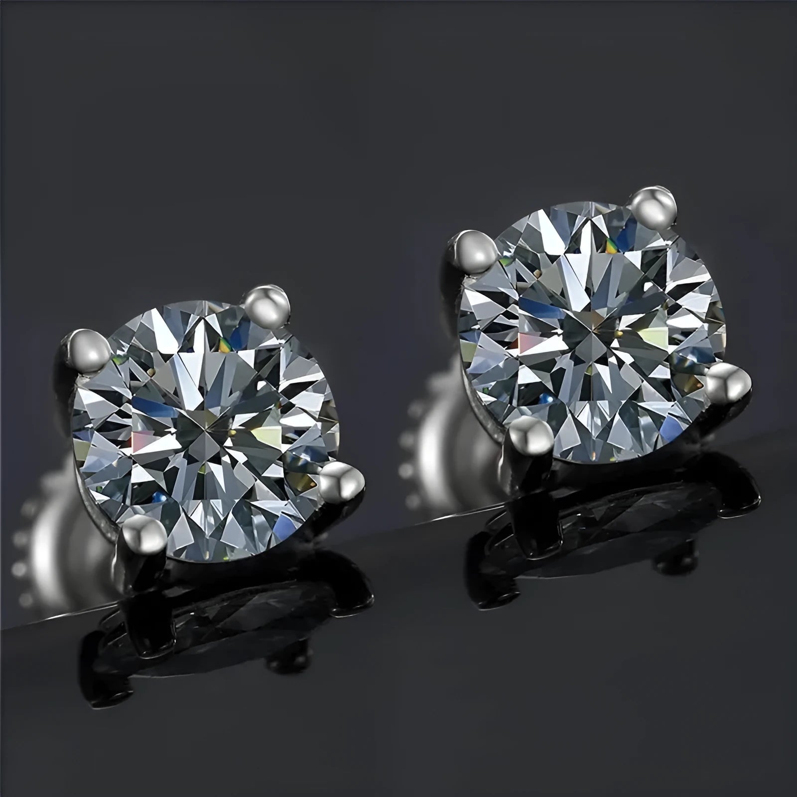 Silver screw fastening moissanite stud earrings with geometric 7mm design and four claw setting