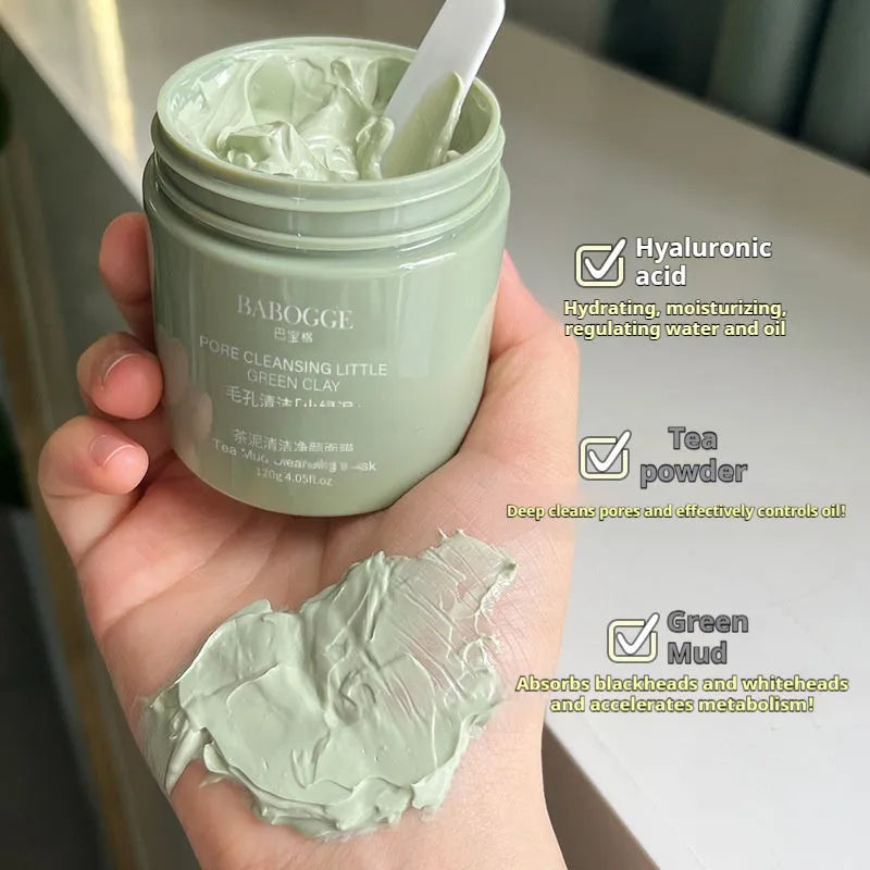 Tea mud cleansing clay facial mask in 120g jar with daub applicator