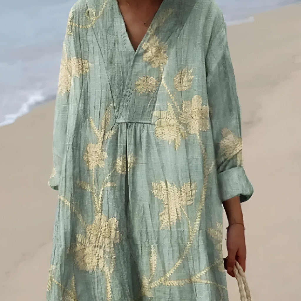 Floral 3D printed sleeve shirt dress with wide waist and long skirt in Japanese Korean casual style