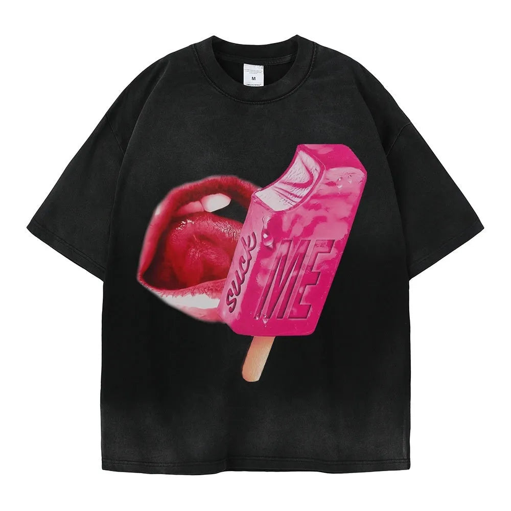 Street style heavy washed cotton t-shirt with cartoon print, loose fit, short sleeves.