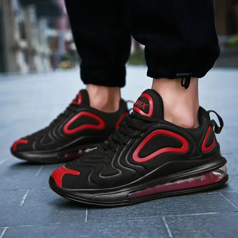 Men's black casual air cushion running shoes with lace-up front and round toe